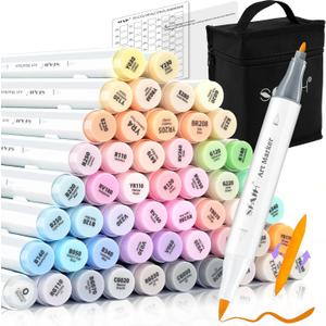 SFAIH Pastel Markers Brush Tip - 51 Brush & Fine Dual Tip Art Markers for Artist Illustration, Adult Coloring Books, Gifts for Artist Adult, Colorless Blender, Enjoy Blending, Carrying Case