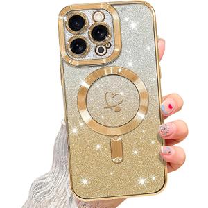 NITITOP Compatible with iPhone 16 Pro Max Case Cute Clear Glitter [Compatible for MagSafe] Plating Heart Sparkle Bling Magnetic Girl Women Electroplated Frame Camera Protection Back Cover - Gold