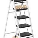 5 Step Ladder, Foldable Step Stool with Wide Anti-Slip Pedal & Thick Rubber Feet, Cushioned Handle, Safe-Lock Design, Folding Portable Ladder for Multi-Purpose, 800lb, White