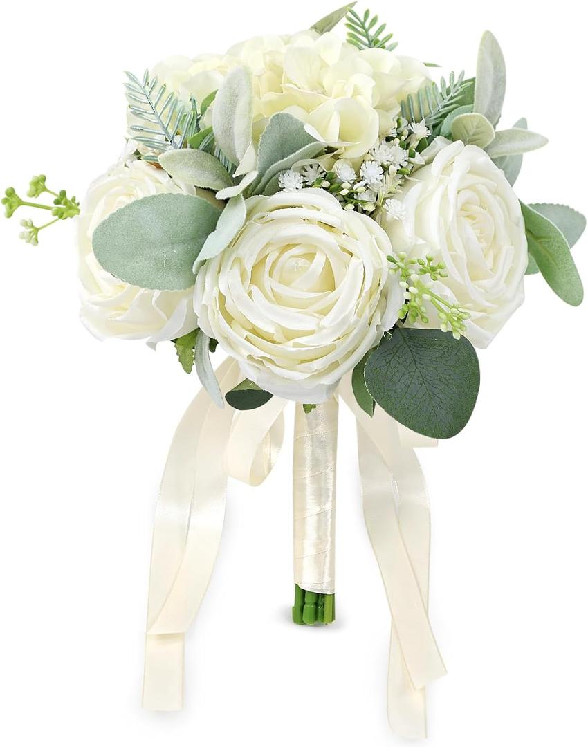 Wedding Bouquets for Bride Bridesmaid 8.5 Inch Ivory White Artificial Roses Flowers Bridal Bouquets for Bride Wedding Marriage Proposal Party Church Decoration