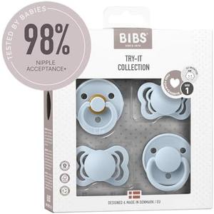 BIBS Try-It Collection | 4-Pack Soothers | BPA-Free Round, Anatomical & Symmetrical Nipple | Natural Rubber Latex/Silicone | Made in Denmark | 0-6 Months | Baby Blue