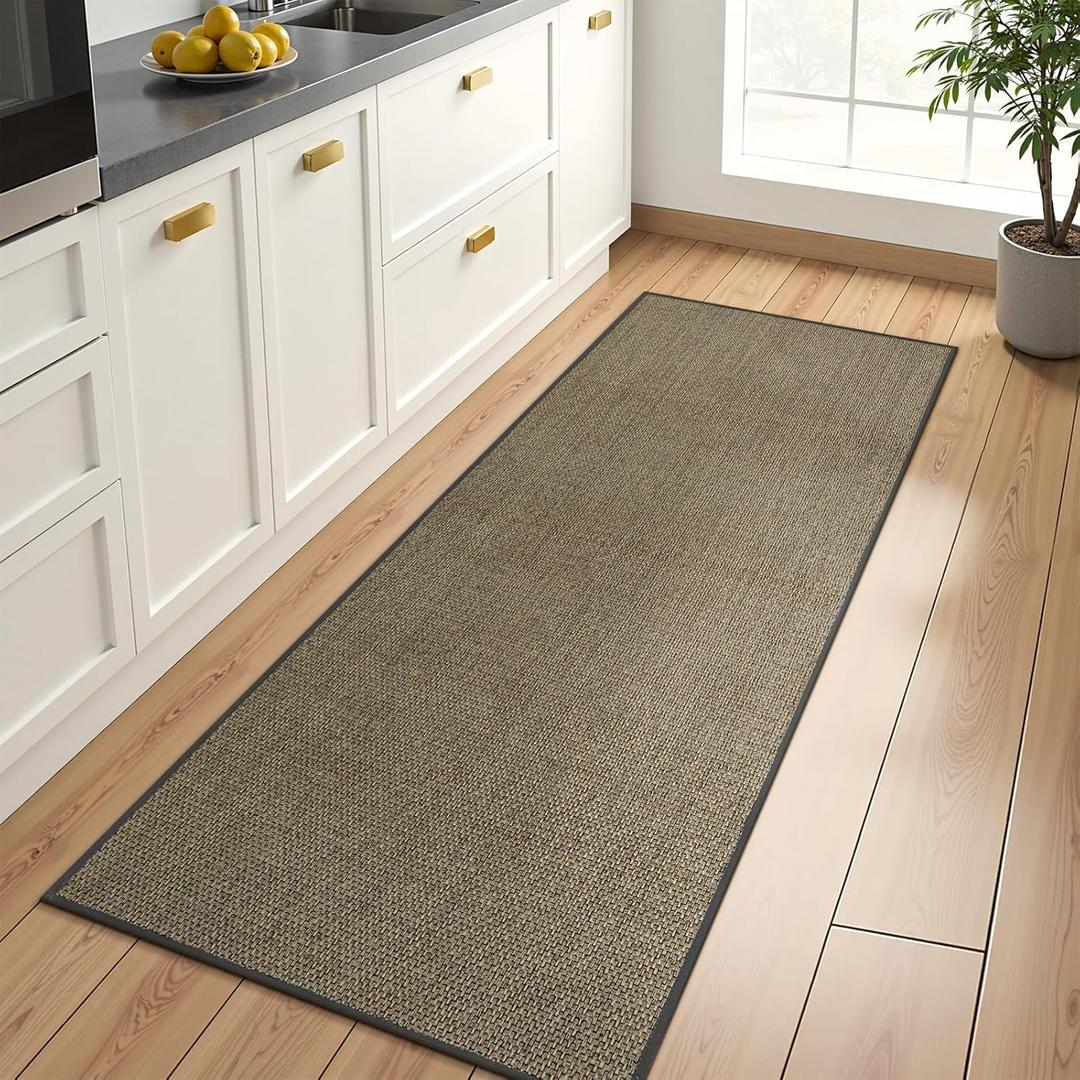 Wonnitar Farmhouse 2x6 Hallway Runner Rug Non Slip Rubber Backed Kitchen Runner, Washable Neutral Absorbent Braided Rugs Carpet Runner for Bedroom Kitchen Bathroom Hallway(Grey/Khaki, 2'x6')