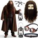 5 Pcs Wizard Party Costume Halloween Cosplay Wizard Brown Wig and Beard Retro Steampunk Goggles Glasses for Men Halloween
