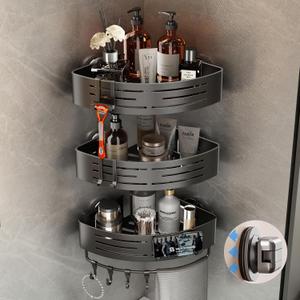 Voldra Corner Shower Caddy Suction Cup, Corner Shower Shelves No Drilling, Aluminum Upgrade Suction Cup Shower Organizer with Towel Bar & Hooks Removable Bathroom Storage Rack(3 Pack,Gray)