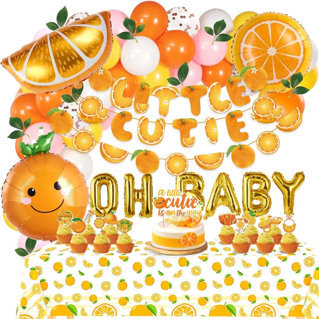 Little Cutie Baby Shower Decorations, Orange Theme Baby Shower Party Supplies, with Orange Balloons, Cupcake Toppers, Tablecloth
