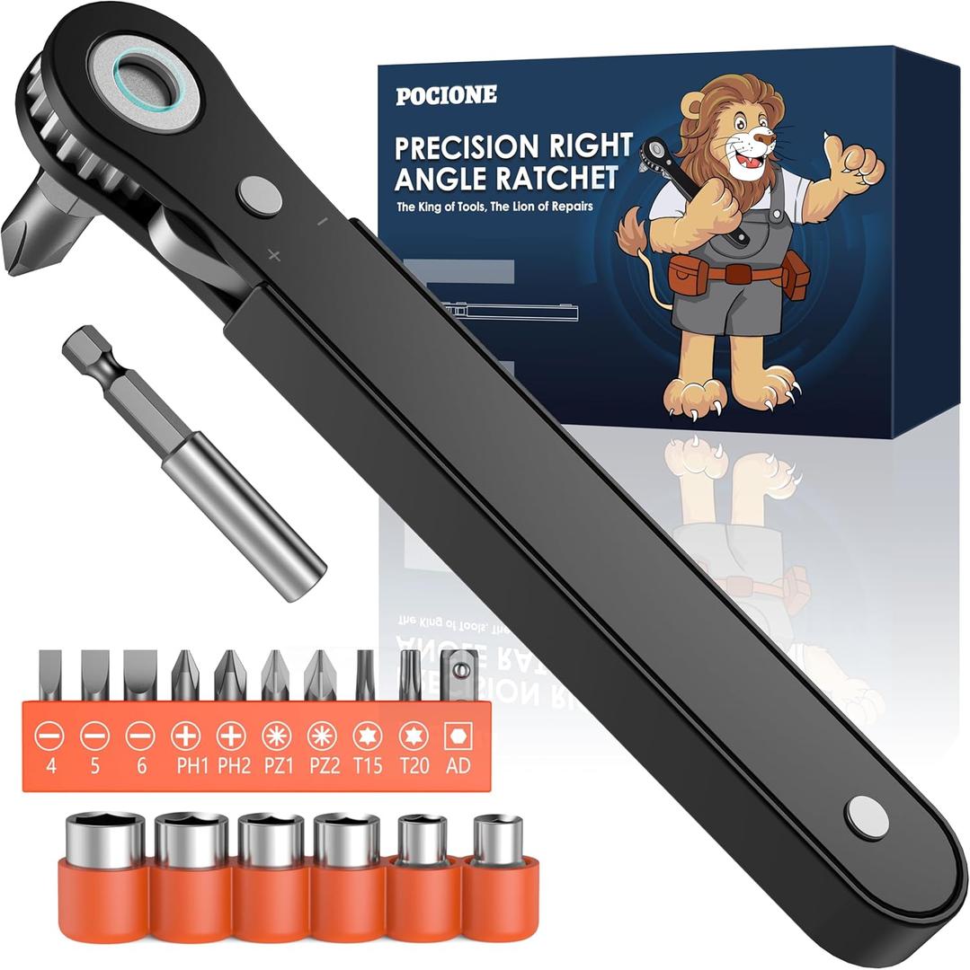 Right Angle Screwdriver Mens Gifts - 90 Degree Offset Ratcheting Screwdriver Pocket Mini Low Profile Ratchet Wrench Bit Socket Set for Tight Space Cool Gadgets EDC Gear Tool Stocking Stuffers for Men