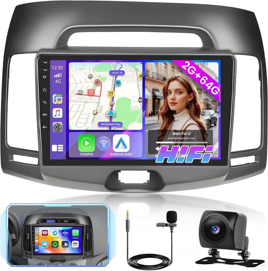 Hi-Fi 2+64G Android 13 Car Stereo Radio for Hyundai Elantra 2007-2010, 9'' HD Touch Screen with Wireless CarPlay Android Auto, AHD Backup Camera, Mirror Link, GPS, WiFi