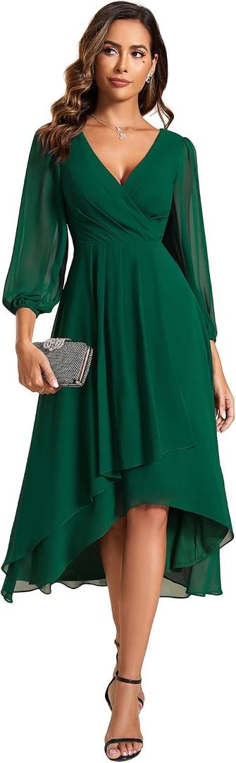 Ever-Pretty Women's Chiffon V Neck Long Sleeves A-Line Midi Length Wedding Guest Dress Cocktail Party Formal Dresses 01926 (Green, M)