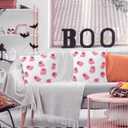 Tiamon 2 Pcs Pink Halloween Pillow Covers 18x18 Inch Canvas Happy Halloween Pink Ghost Decoration Embroidered Throw Pillow Covers Outdoor Cushion Cases for Home Sofa Bed Couch Farmhouse Decorative
