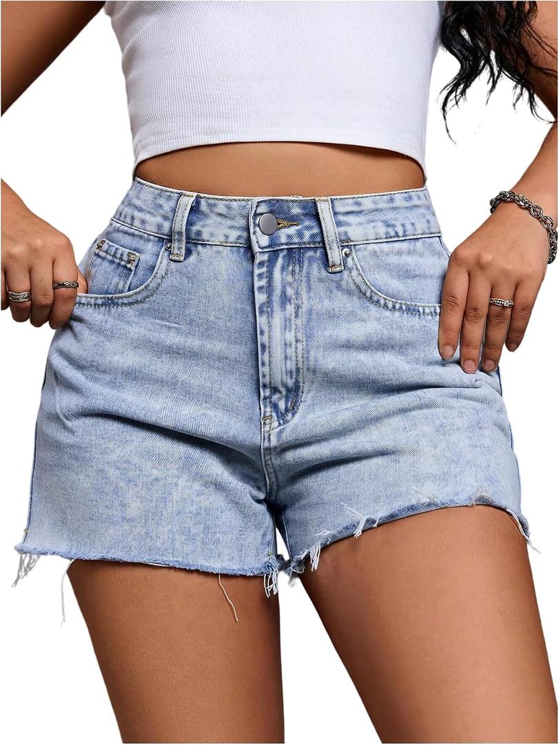 Women's Vintage Raw Hem Jean Shorts Y2k High Waited Straight Leg Denim Shorts Streetwear (Blue, S)