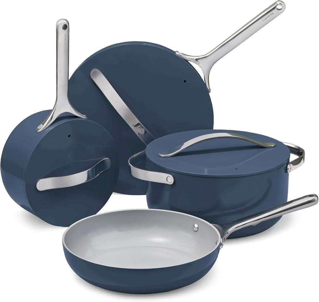 Caraway Nonstick Ceramic Cookware Set (12 Piece) Pots, Pans, Lids and Kitchen Storage - Non Toxic - Oven Safe & Compatible with All Stovetops - Navy