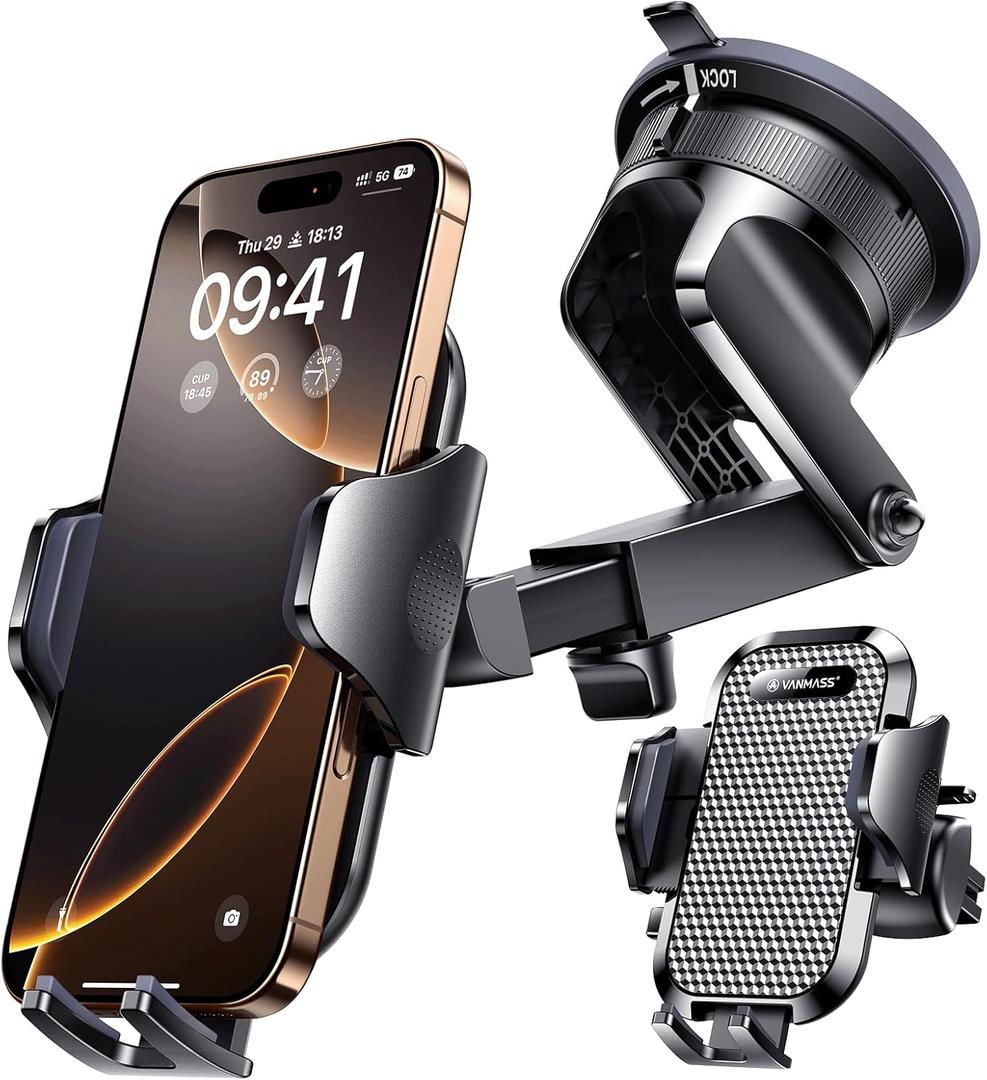 VANMASS [Pro Version] Universal Car Phone Mount [2026 Super Suction Cup] Phone Holder for Car, Cell Phone Car Mount for Windshield Dash Vent Truck Stand for iPhone 17 Pro Max 16 15 14 Samsung Android (Black)