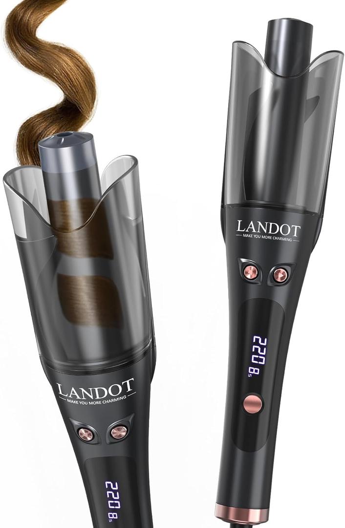 LANDOT Automatic Rotating Curling Iron 1-Inch - Versatile Styling for Salon Waves, Curls & Spirals | 8 Temp Settings & Anti-Scald Design for All Hair Types | Perfect for Daily Use & Beginners (Black)