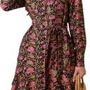 Ystguic Women's Collar Business Button Up Shirt Dress with Tie Waist Belt for Ladies Casual Work Office Elegant Plain Dresses Large YG012 Black Floral Large