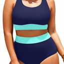 Plus Size Colorblock Two Piece High Waisted Bikini Set Scoop Neck Swimsuit, 16W