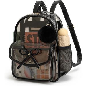 Clear Backpack for Stadium Events 12x12x6, Thick PVC Small Clear Bag with Leather Trim Fashion Women Backpack (Black)
