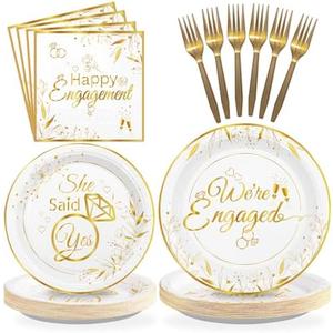 Grencian 96Pcs Happy Engagement Party Supplies White Gold Diamond Ring Plates Napkins She Said Yes Party Disposable Dinnerware for Wedding Bridal Shower Just Engaged Decoration Serve 24