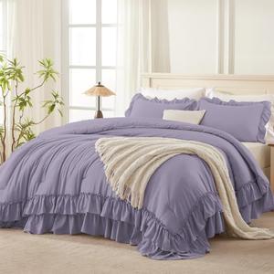 Andency Grayish Purple Ruffle Comforter King, Shabby Chic Farmhouse Bedding Comforter, Soft Lightweight Fluffy Microfiber