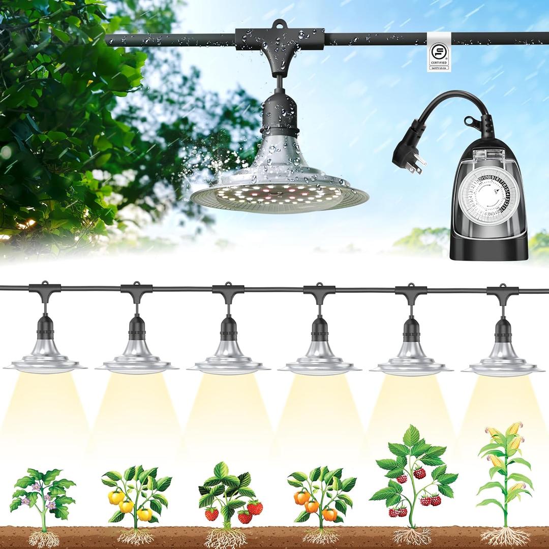Outdoor Grow Lights with Timer, Full Spectrum Greenhouse Grow Lights with Timer For Outdoor Plants, IP65 Waterproof String Grow Light Outdoor, UL Certified Daisy Chain LED Grow Light, 21.3FT