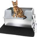 Vivifying Stainless Steel Cat Litter Box, Large Semi-Enclosed Litter Box with Lid and Mat, Anti-Leakage Metal Pan for Easy Cleaning & Odor Control (Gray)