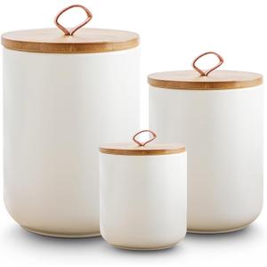 White Ceramic Canister Set with Wooden Lid, 3-Piece Food Storage Jars for Kitchen Counter, Storage Container for Coffee, Tea, Spice, Sugar, Grains, Salt