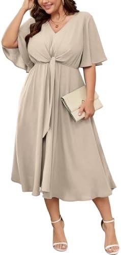 SCOMCHIC Women Plus Size Midi Dresses Wedding Guest Short Sleeve V Neck Tie Waist Casual Summer Flowy A Line Dress, 2XL