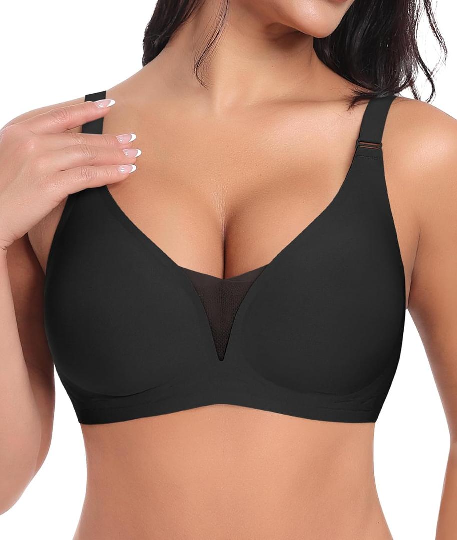 V Neck Bras for Women No Underwire Comfort Wireless Seamless Bra Comfortable Tshirt Bralettes with Support (Black)