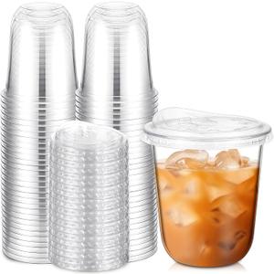 Ziliny 50 Sets 12 oz Clear Plastic Cups with Strawless Sip Lids, Thickened Clear Disposable Plastic PET Crystal Cups for Iced Coffee, Smoothie, Cold Beverage, Drink Shops and Party Catering