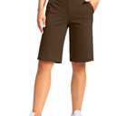 Women's Bermuda Shorts 12" Knee Length with Pockets High Waisted Stretch Long Shorts for Women Casual Walking (Brown, S) (Brown)