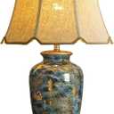 Blue Hand-Painted Ceramic Table Lamp Gold Flower Beside Lamps American Halo Ceramic Lamp Body with Fabric lampshade Nightstand for Living Room Bedroom Home Office
