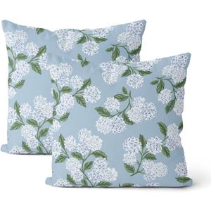 Light Blue Pillow Covers 18x18 Inch 2 Pcs Blue Green Hydrangea Flower Decor Throw Pillows Vintage Floral Seasonal Spring Summer Outdoor Decoration Pillowcase Linen Cushion Cover for Couch Sofa