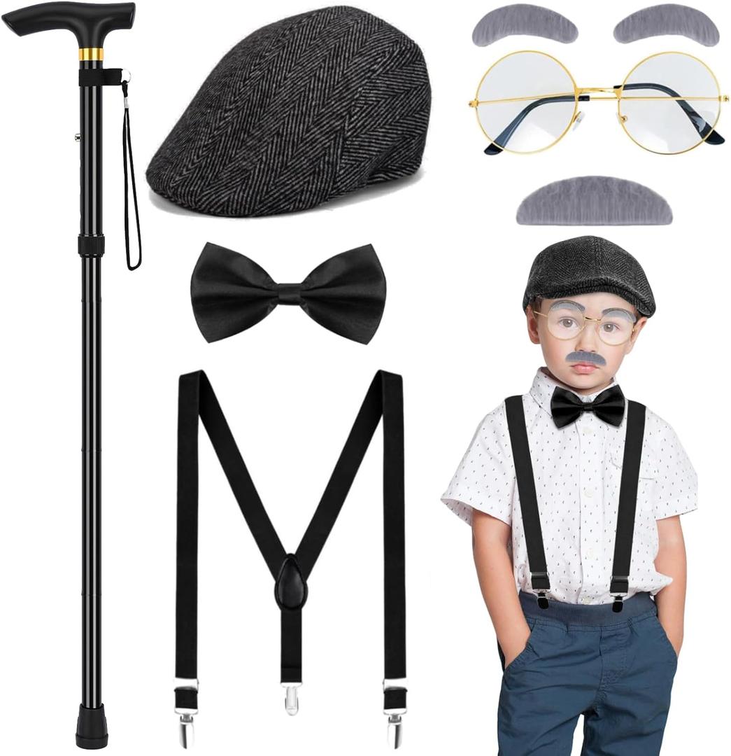 Yanbuny Old Man Costume Accessories with Beret Hat Old Man Glasses Suspender Bow Tie Mustache Eyebrows Cane (Style2)