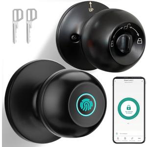 JO.KO Fingerprint Door Lock, Biometric Door Lock with App Control & Key, Smart Door Lock for Bedroom, Entry Door, Keyless Finger Print Door Knob with Thumb Print Black (1 Piece, Black Matte BK1)