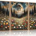 HPINUB Wildflower Moon Forest Framed Canvas Wall Art Set,Nature Pine Tree Wall Decor,Mystical Starry Night Artwork Rustic Mountain Landscape Art Print for Living Room,Bedroom,Office-16 x24 x3