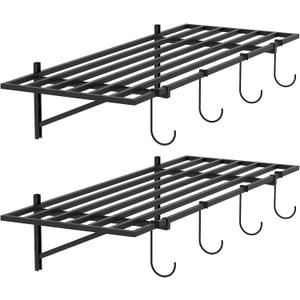 PEKGRIL Garage Wall Shelving Set of 2, 1.5X4 ft Garage Wall Shelves with 8 Hooks, Heavy Duty Wall Mounted Storage Shelf, Loads 260 lbs Each Metal Wall Shelf, Black