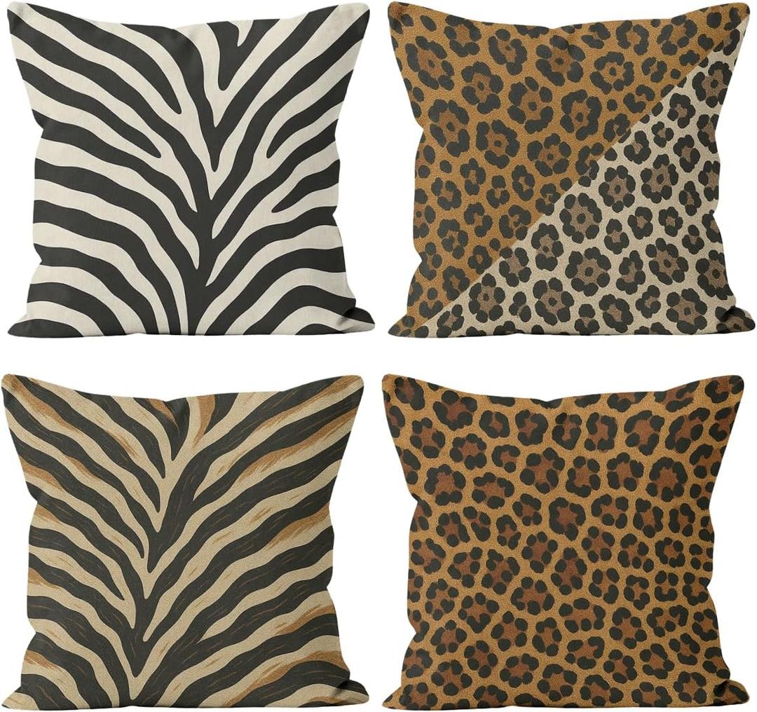 Animal Leopard Throw Pillow Covers 18x18 Set of 4, Brown Abstract Decorative Cushion Cases for Couch Sofa and Bedroom Pillcases Home Decor for Living Room