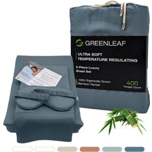 GREENLEAF 100% Organic Viscose Derived from Bamboo Sheets | King Size 5pcs Set | Ultra Soft & Cooling, 18" Deep Pocket, Double Stitched, Perfect for Hot Sleepers | King Bed Sheets | Ocean Blue