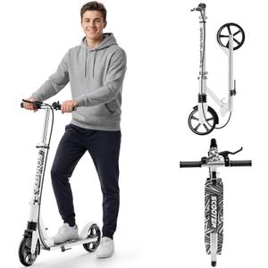 Scooters for Kids 8-12, Teens & Adults - Load 240 LBS, 8-Inch Wheels, Kick Scooter with Shock Absorption System, Hand Brake & Bell, 4 Adjustable Height Levels, Perfect for School, Commuting or Park (White)