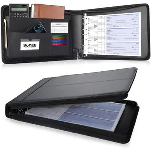 SUNEE Zippered Business Checkbook Binder 7 Ring 1 Inch with Zipper for Business Checks (9" x 13"), PU Leather 7 Ring Check Binder for Business Checks Holds 600 Checks Capacity for Executive Supplies