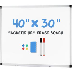 DUMOS Magnetic White Board Kit for Wall 40" x 30", Dry Erase Board with 1 Dry Eraser & 2 Multicolor Markers & 4 Magnetic Pins, Silver Reinforced Aluminum Frame for Home, School, Office