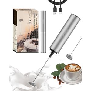 INFOOD Milk Frother Rechargeable with Cover - Coffee Frother Wand, Drink Mixer Handheld with 2 Detachable Stainless Whisks 2 Speed Adjustable for Latte, Cappuccino, Hot Chocolate, Egg, Silver