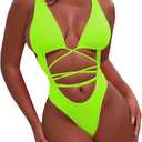 Sovoyontee 2025 Women's Sexy Cheeky One Piece Swimsuits High Cut Thong Bikini Bathing Suit Monokini (Bright Green, Large)