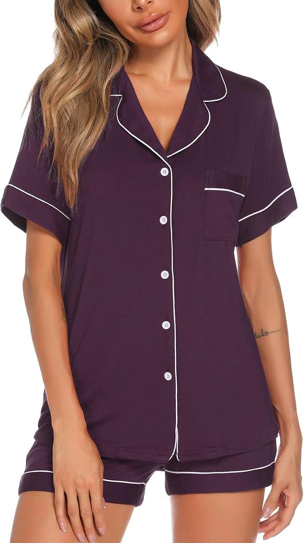 Aamikast Button Up Pajama Set for Women Shorts Short Sleeve Knit Sleepwear 2 Pice Pjs Sets (XXXL)