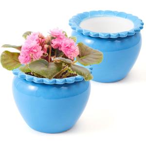 2pcs African Violet Pots 6.5 Inch Blue Ceramic Easy Plant Self Watering Pot Ceramic pot High Absorption Orchid Planter Easy Plant Self Watering Pot for Plant Enthusiasts
