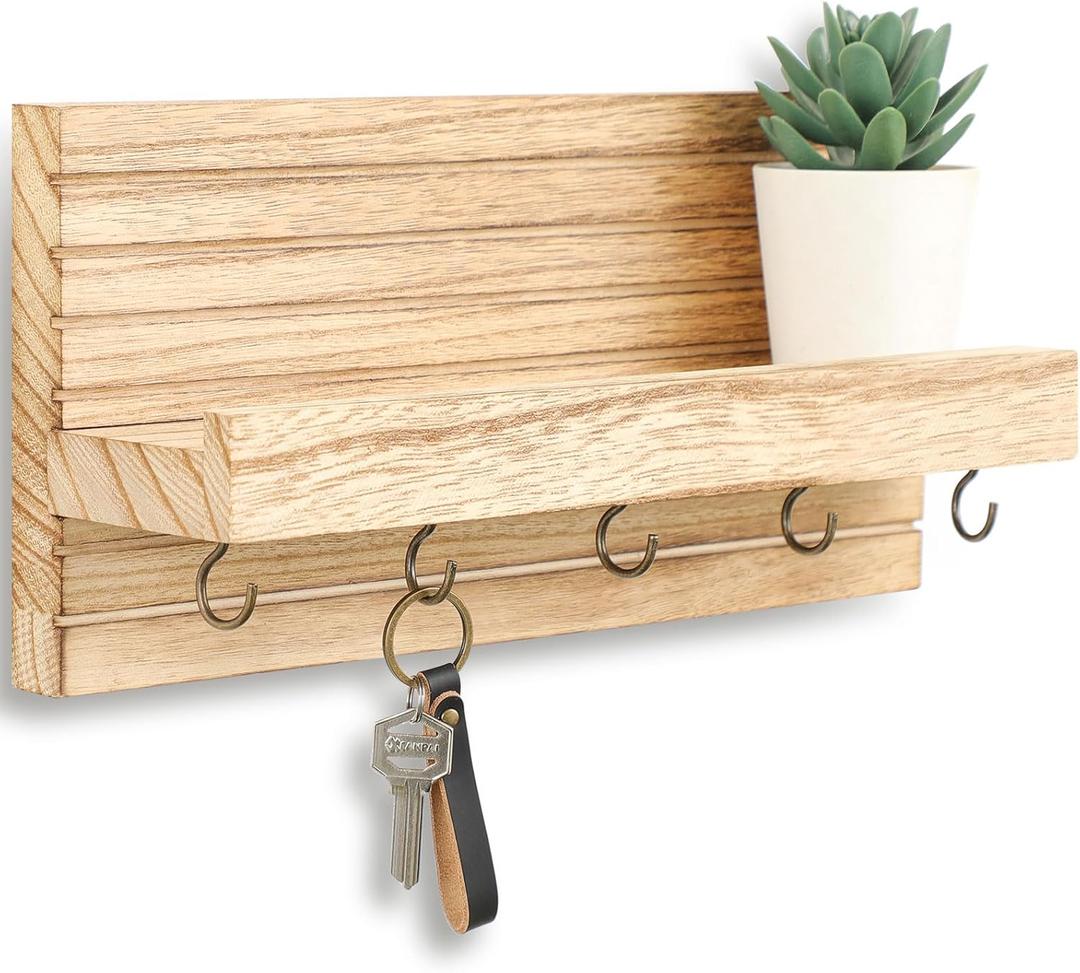 Lwenki Decorative Key Holder for Wall with Shelf, Entryway Shelf with Hooks Holds Leashes, Jackets and Glasses Sturdy Wood Keyholder Entrance Hanger with Mounting Hardware (Wood, Medium)