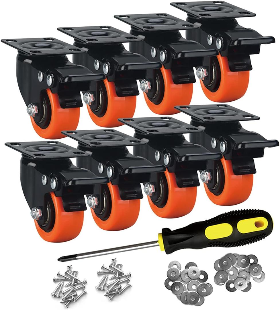 2" Caster Wheels Set of 8, Heavy Duty Casters with Brake, No Noise Locking Casters with Orange Polyurethane (PU) Wheels, Swivel Plate Castors Pack of 8