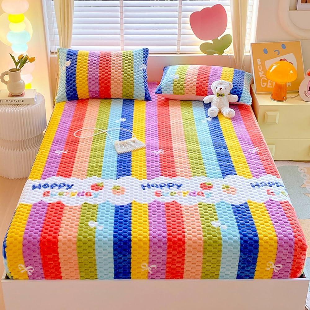 ZIQINPSQ Cozy Fleece Fitted Sheet King Size - Ultra Soft Fuzzy Bed Sheets for Winter, Deep Pocket 15'' Velvet Plush Bottom Sheet Only (Anti-Static & Warm), Rainbow