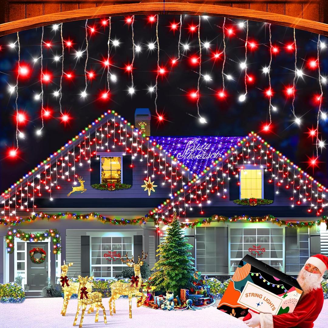 XURISEN 66ft Christmas Lights Decorations Outdoor, 640 LED 8 Modes Curtain Fairy Lights with 120 Drops,Plug in Waterproof Timer Memory Function for Christmas Holiday Wedding Party Decor(Red+White)