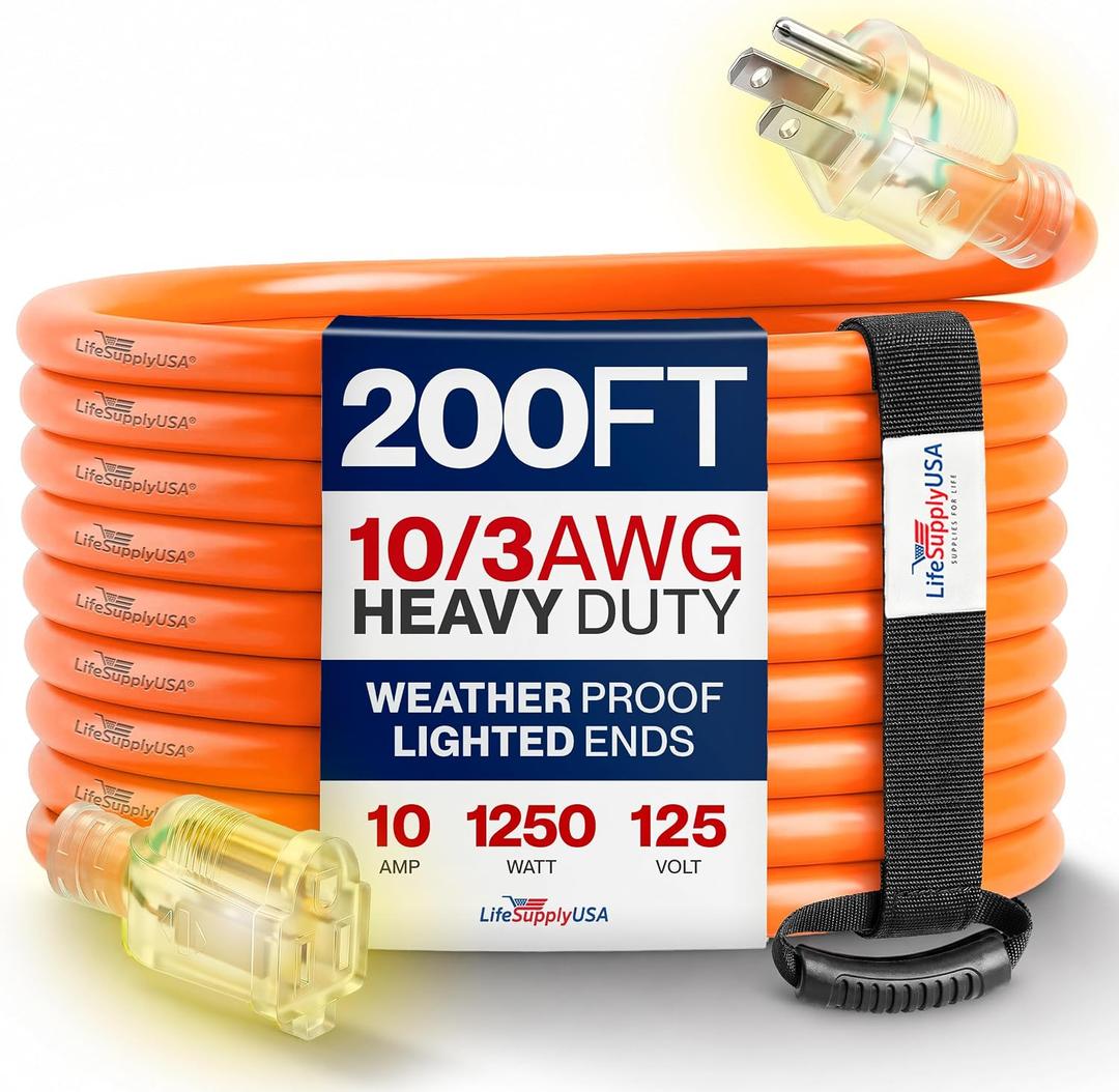 200ft Outdoor/ Indoor Extension Cord 10/ 3 Gauge Ultra Heavy Duty 3 Prong SJTW, Waterproof, Flexible Cold-Resistant Long Power Cord, 10A 125V 1250W, Orange by LifeSupplyUSA