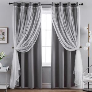 Anytime Home Curtains Blackout and Sheer Layered Solid Window Curtain Panel Pair with Grommet Top, 52Wx63L,Grey